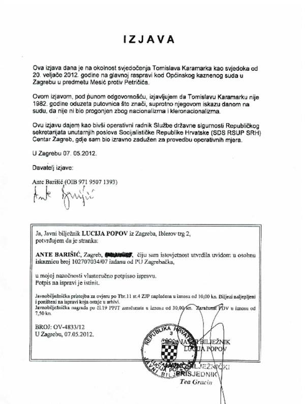 Izjava Ante Barišića 