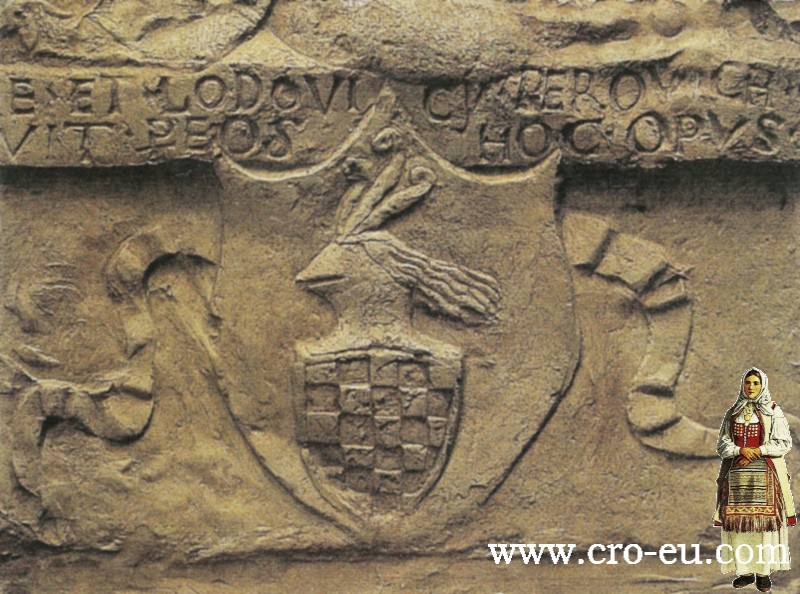 Grb senjskog plernića-gastalda. Ludovika Perovića Na reljefu Sv. Trojstva 1491. - za sada najstariji poznati prikaz povijesnog hrvatskog grba.