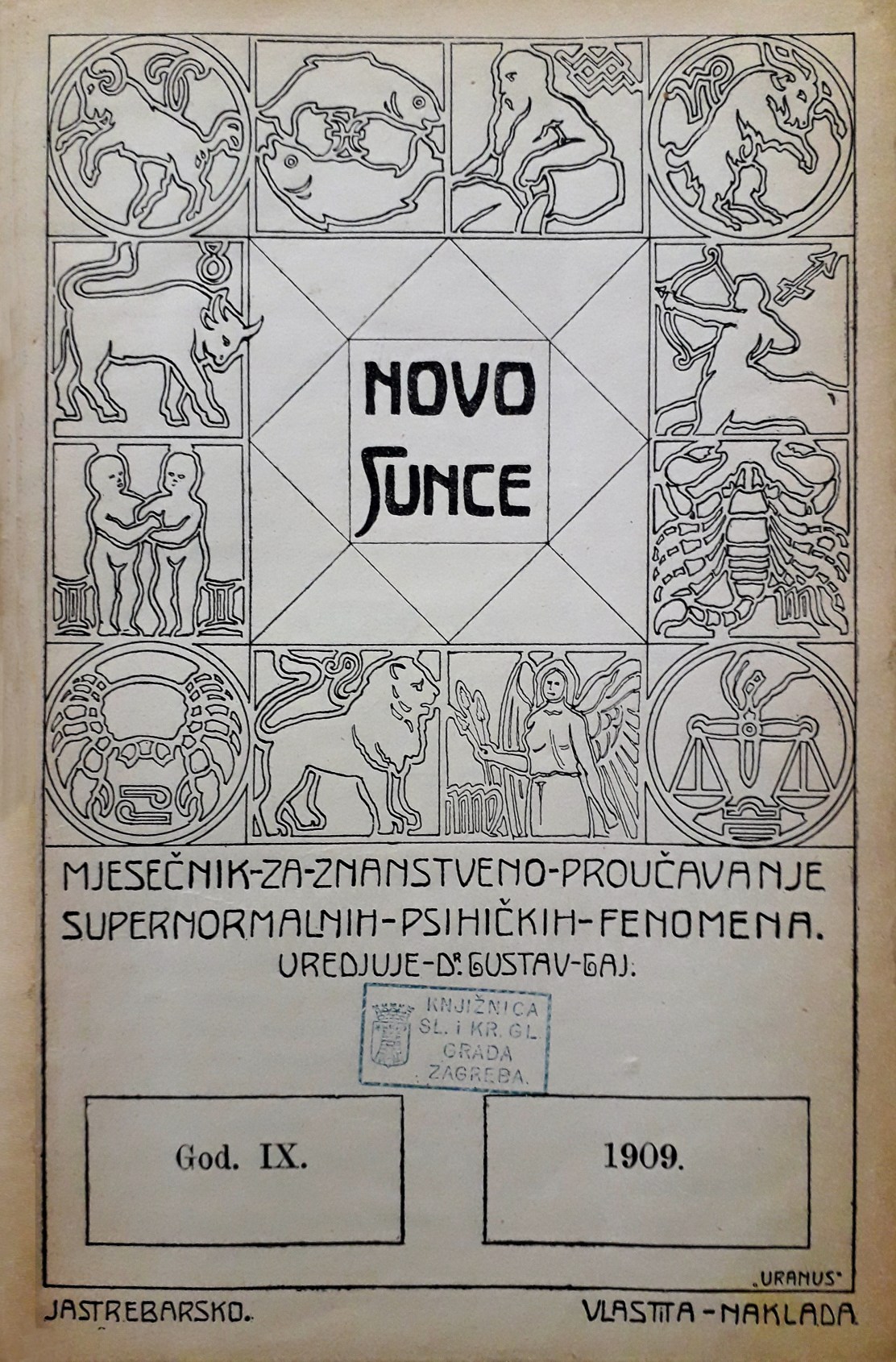 Naslovna stranica časopisa Novo sunce, godišnje izdanje 1909. Bastlov pseudonim “Uranus” potpisan je u donjem desnom kutu